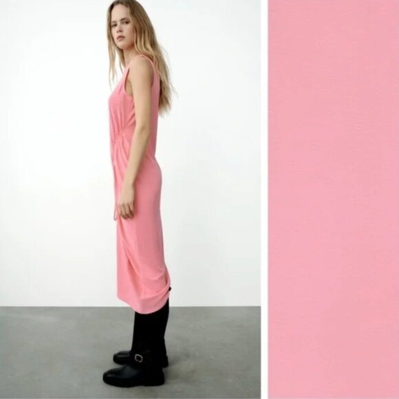 NWT Zara Pink Draped Asymmetrical Ruched Midi Dress Size S Boho Lagenlook NEW - Picture 6 of 14